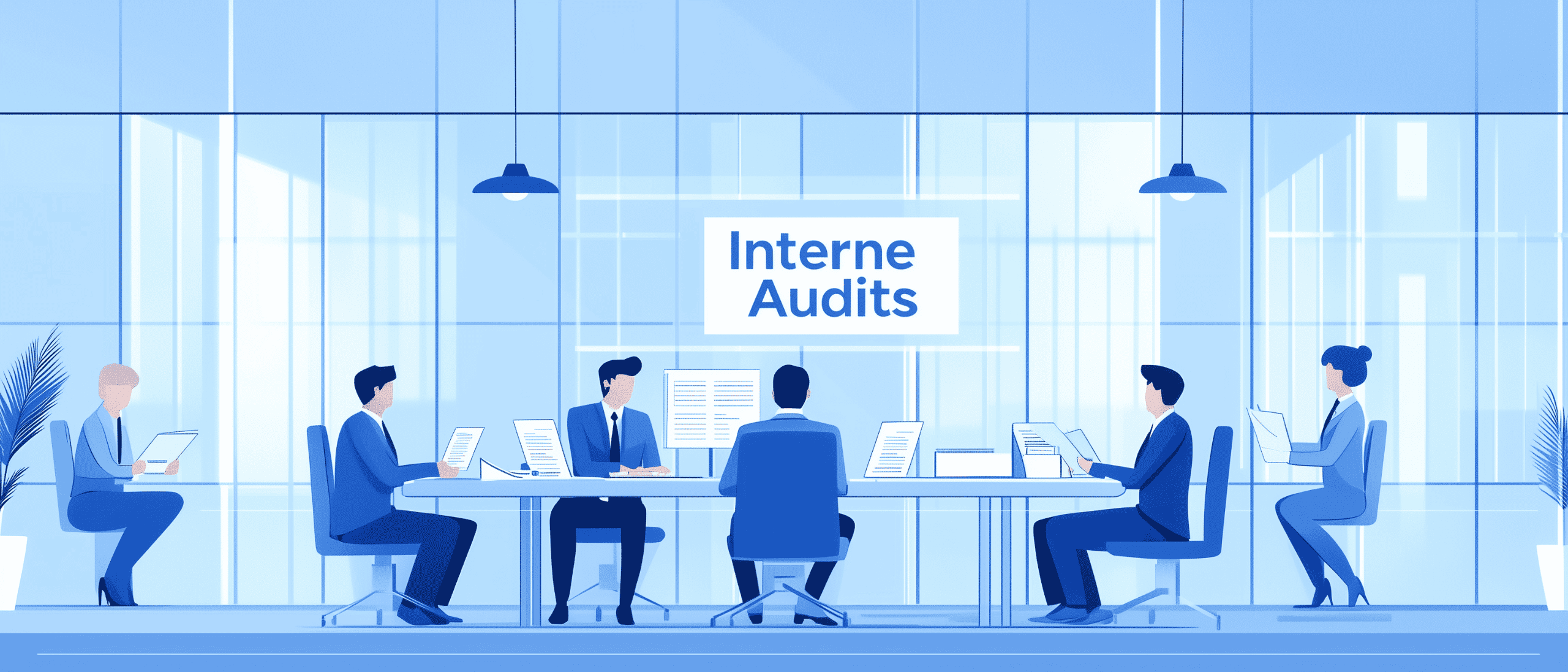 Effektive interne Audits in moderner Unternehmensumgebung, symbolisiert durch ein Meeting im stilvollen Büro. Fokus auf Qualitätssicherung, Compliance und Unternehmensanalyse.